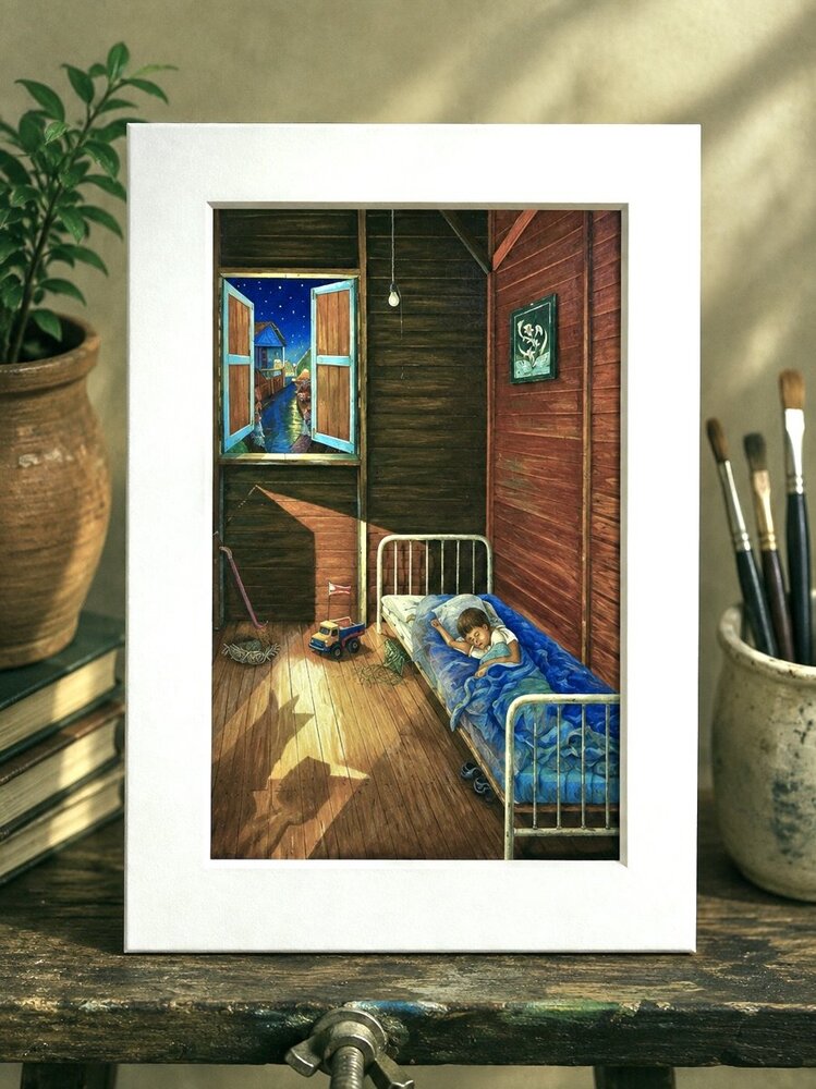 Niño durmiendo en un cuarto de madera con vista nocturna del pueblo