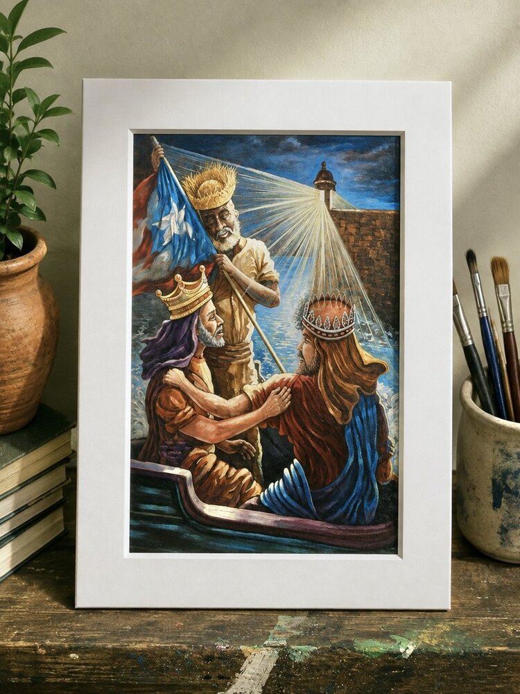 Los Reyes Magos en una barca sosteniendo la bandera de Puerto Rico