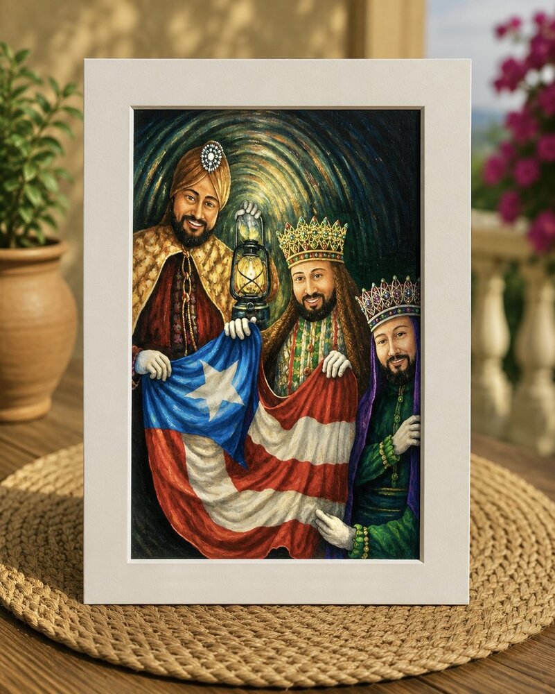Los Reyes Magos sosteniendo la bandera de Puerto Rico con un farol