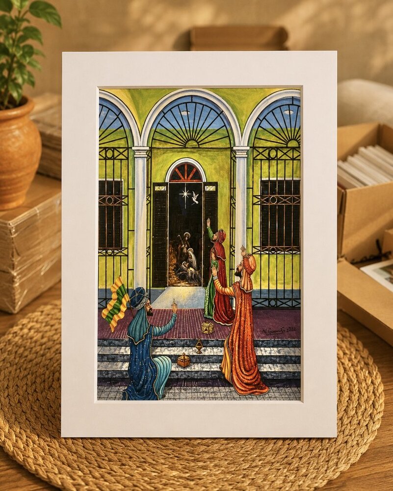 Los Tres Reyes Magos frente a una casona puertorriqueña con el pesebre iluminado