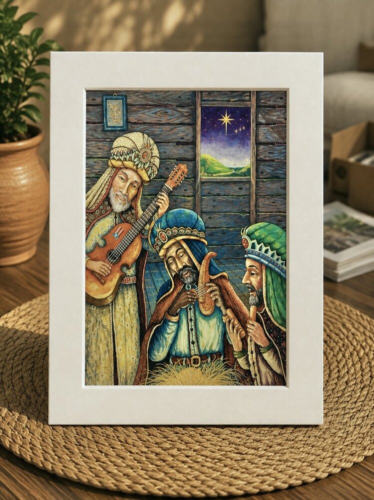 Los Reyes Magos tocando cuatro, tiple y flauta en un cuarto de madera