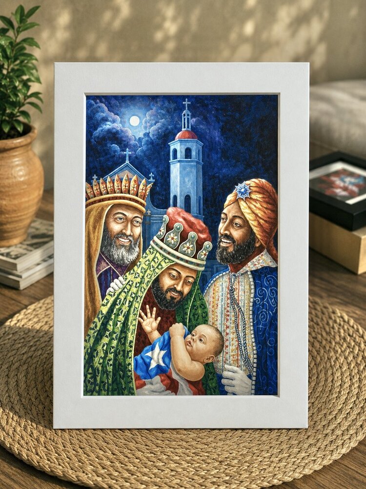 Los Reyes Magos cargando un bebé envuelto en la bandera de Puerto Rico