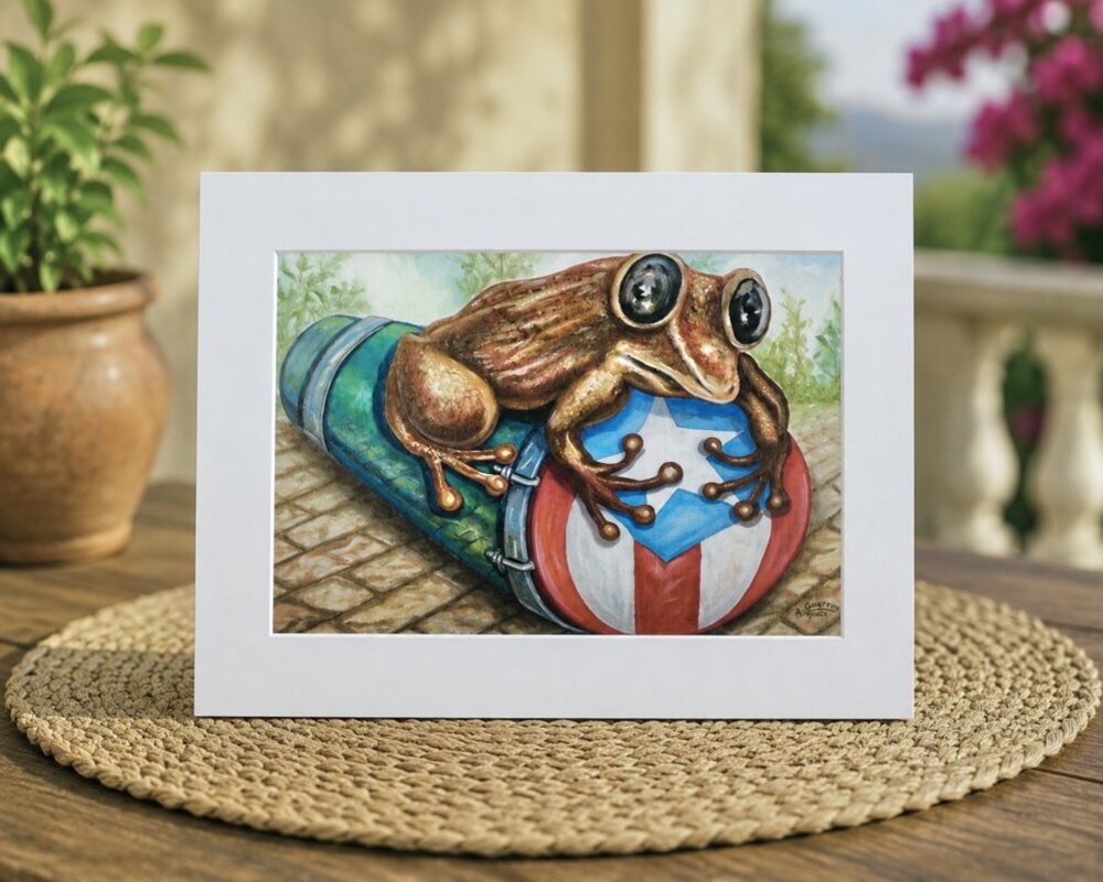 Coquí sobre una tinaja pintada con la bandera de Puerto Rico