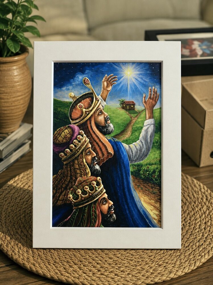Los Reyes Magos mirando la estrella con una casita de campo al fondo